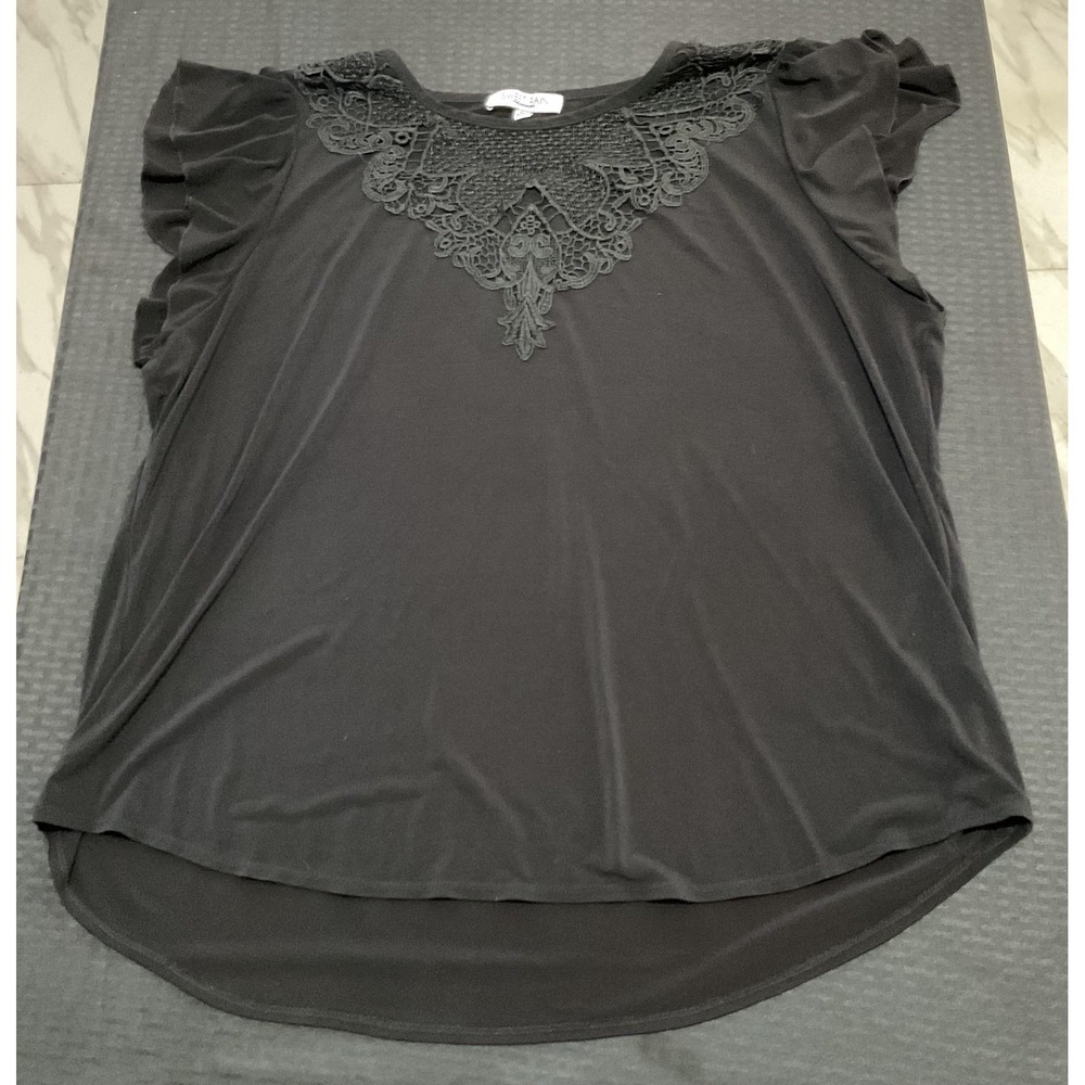 Sweet Rain‎ Shirt Womens 3X Black Crochet Lace Flutter Sleeve Tunic Plus Size